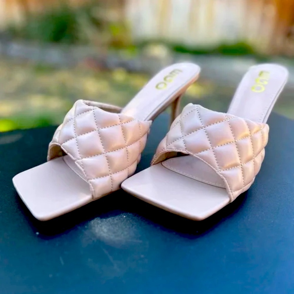 EGO Women's TROPEZ SQUARE TOE QUILTED HEEL MULE IN NUDE FAUX LEATHER
